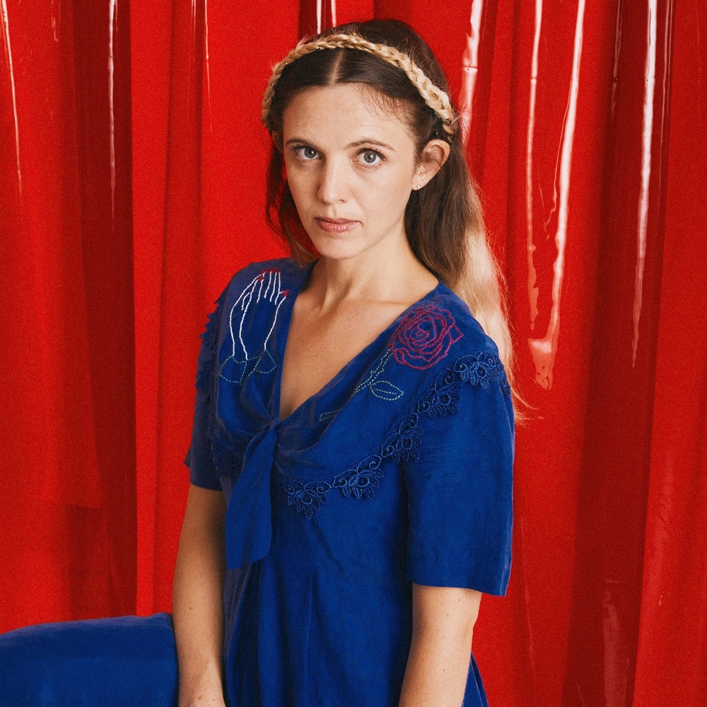 Hand Embroidered Praying Hands 90s Blue Dress